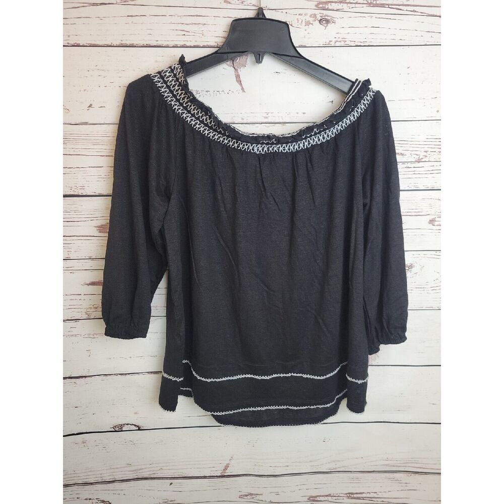 NWT White House Black Market Black Linen Blend Off The Shoulder Top Womens Large - Picture 2 of 11